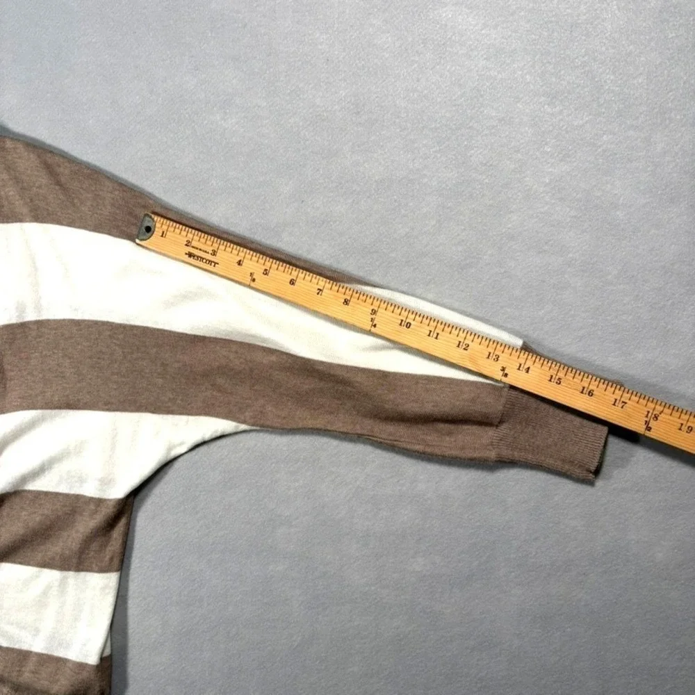 Forever‎ 21 Striped Cardigan Large Tan White Open Front Neutral Coastal Minimal